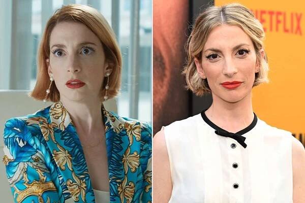 (L): Molly Bernard in 'Younger.' ; (R): Molly Bernard attends the premiere of Netflix's 'Hit Man' and Glen Powell's induction into The Texas Film Hall of Fame The Paramount Theatre on May 15, 2024, in Austin, Texas.