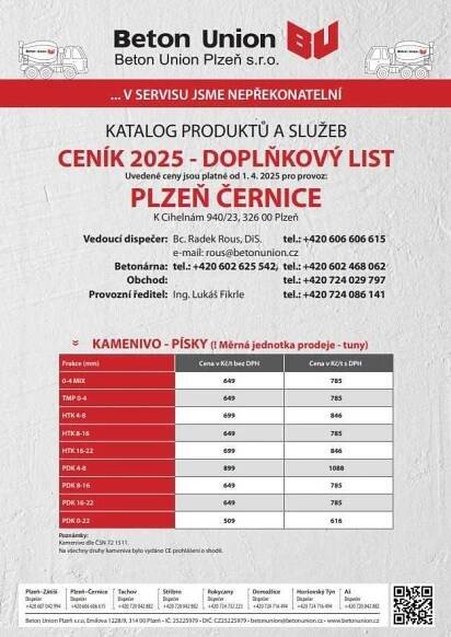 Ceník - Doplňkový list - kamenivo, písky 2025 - platnost od 1. 4. 2025