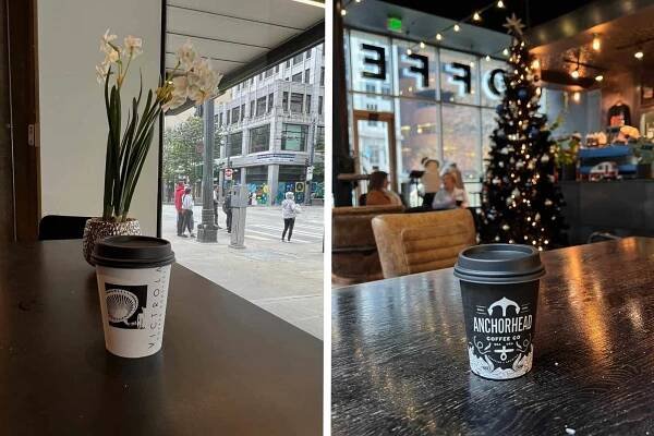 Two pictures, each with a takeaway coffee cup on a wooden table in front of a window looking out to a street.