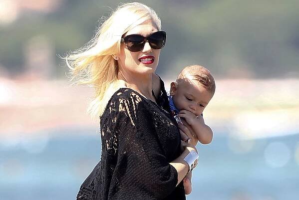 Gwen Stefani with her newborn, Apollo on a dock in St. Tropez.