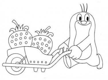 a cartoon character pushing a wagon with strawberries on the side and another character behind it