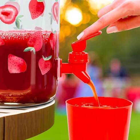 Dávkovač nápojů s kohoutkem a sadou sklenic 3,8 l - jahody - Extra-shop.cz
