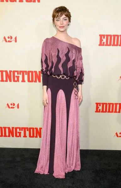 Emma Stone wore a witchy off-the-shoulder Louis Vuitton Resort 2026 dress at the Eddington premiere