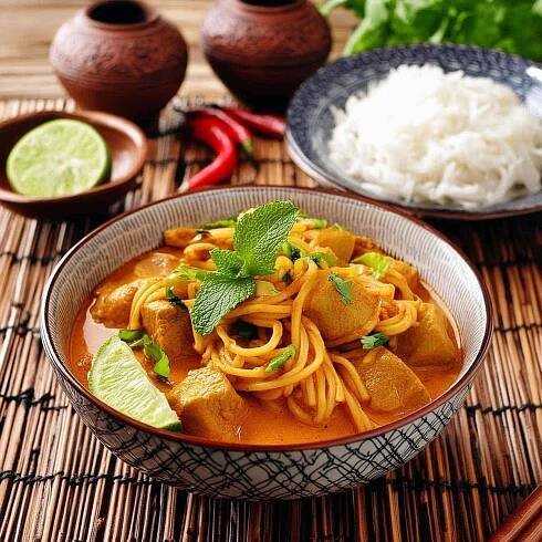 A plate of Thai Curry Noodles: stir-fried noodles with tofu, curry sauce, veggies, garnished with cilantro and lime wedges.