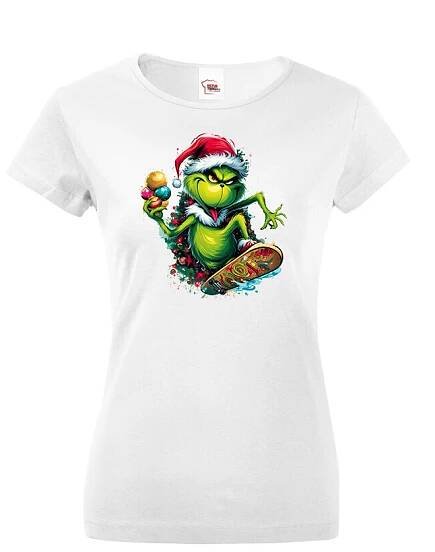 Dámské tričko Grinch na skateboardu