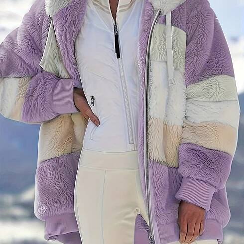 Plus Size Women Clothes Color Block Fuzzy Hooded Coat - Stylish Winter Warm Outerwear With Full-Length Sleeves - * Casual Wear - Clothing