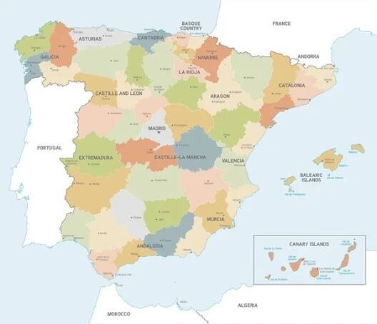 Vektorová mapa Španělska s administrativní hranice, město a názvy oblastí a mezinárodní sousedních zemí v jemných barvách palety — Ilustrace