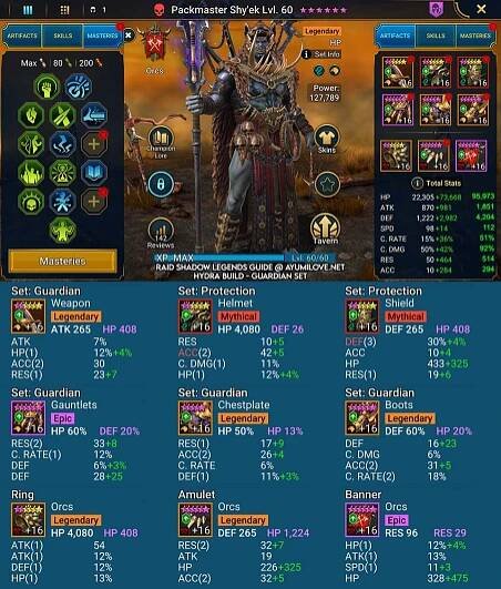 Raid Shadow Legends Packmaster Shyek Artifacts and Stats Reference for Hydra Brutal Clan Boss