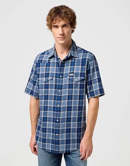 Pánská košile krátký rukáv WRANGLER 112350509 SS WESTERN SHIRT Light Blue Indigo Velikost: XXXL