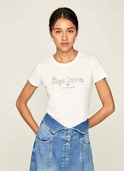 Pepe Jeans dámské bílé tričko s kamínky Beatrice