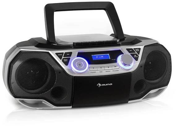 Auna Roadie 2K, boombox, CD přehrávač, kazetové rádio, DAB/DAB+, UKW, bluetooth, stříbrný