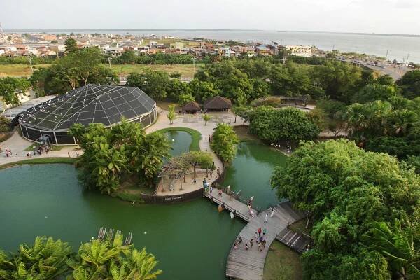 Aerial view of the Mangal das Garças public natural partk with Guama river