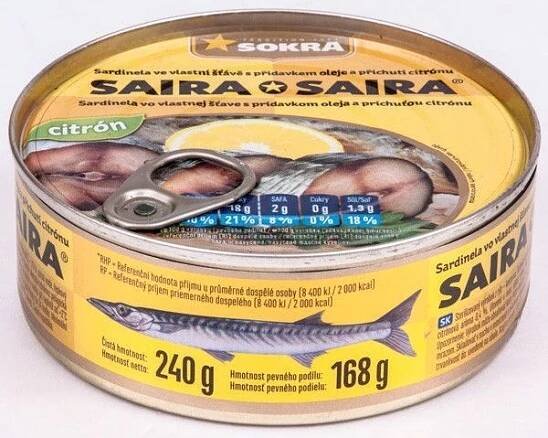 Sokra Saira sardinela ve vlastní šťávě s přídavkem oleje a příchutí citronu - 240g