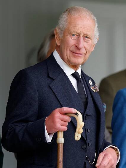 King Charles III (wearing a black tie following the death of Katharine, Duchess of Kent) attends the Braemar Royal Highland Gathering at The Princess Royal and Duke of Fife Memorial Park on September 6, 2025 in Braemar, Scotland. 