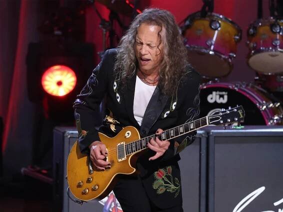 Kirk Hammett of Metallica performing live with his Gibson ‘Greeny’ Les Paul