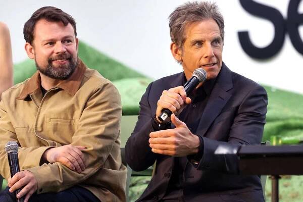 Dan Erickson and Ben Stiller seen at Apple TV+ global hit series Severance for a star-studded Outdoor Retreat Team Building Occurrence at Lumon Industries on April 05, 2025 
