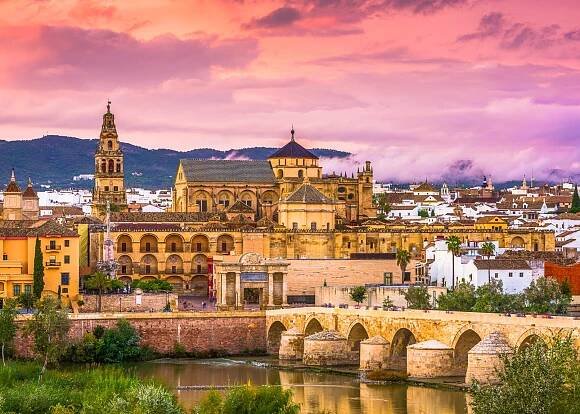 Cordoba, Spain at the Mosque-Cathedral and Roman Bridge.