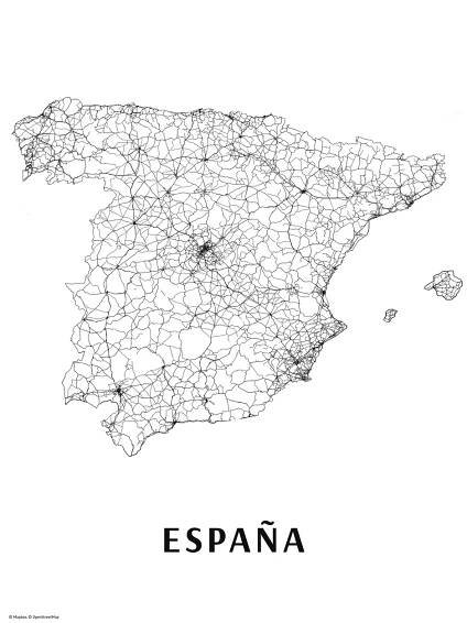 Mapa Španělsko black & white ǀ Mapy všech měst a států na zeď ǀ Posters.cz 