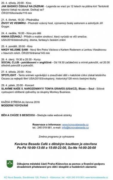 Pozvání do KC Nová Beseda v Klánovicích v DUBNU 2016, program ke stažení – Otevřené noviny