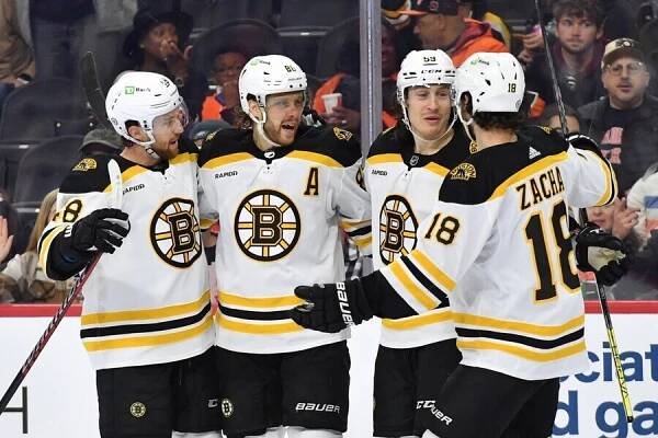 Český hokejista David Pastrňák se spoluhráči z Boston Bruins oslavuje gól v NHL - Jak hrál Pastrňák a Boston v play off o Stanley Cup - góly, program, výsledky, statistiky