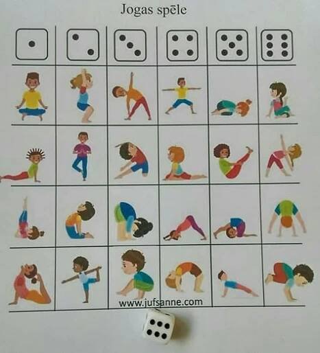 a board game with people doing yogas and dices on the table next to it