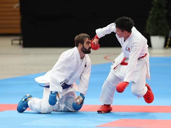 Male Kumite –75 kg at Karate1 Premier League Berlin 2018. Depicted: Rafael Aghayev and Yusei Sakiyama.