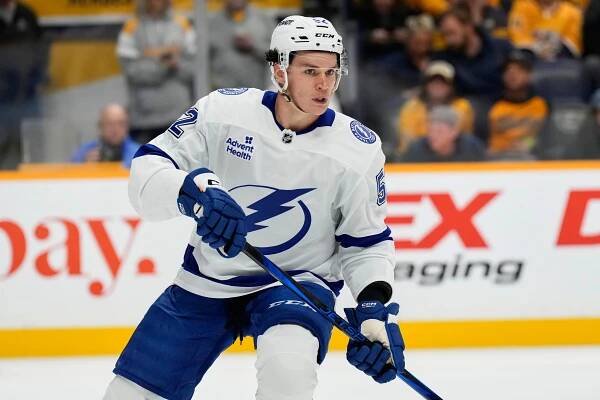 Maxim Groshev of Tampa Bay Lightning in action against the Nashville Predators during a preseason NHL hockey game on Sept. 28, 2024, in Nashville, Tenn.