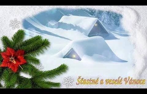 a christmas card with an image of a house in the snow and a poinsetti