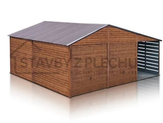 PLECHOVÁ DVOJGARÁŽ 9x5 Zlatý dub, výklopná vrata