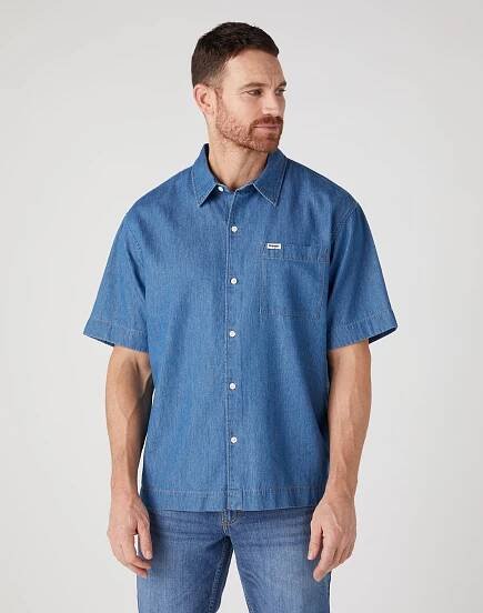 Pánská košile WRANGLER W5D7C3X8E SS 1 PKT SHIRT Mid Indigo Velikost: XXXL