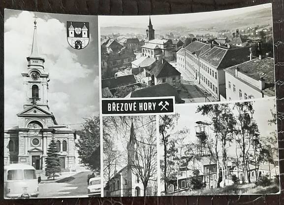 Příbram Březové Hory koláž různé pohledy domy kostel doly auto  - Pohlednice místopis