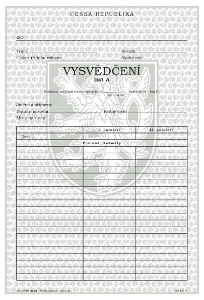 Vysvědčení pro základní školu - list A (klasifikace) do 20 povinných předmětů : 8590384302804
