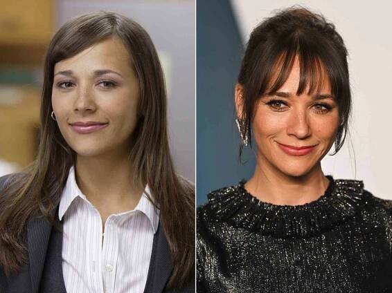 Rashida Jones as Karen Filippelli on 'The Office'; Rashida Jones attends the 2022 'Vanity Fair' Oscars afterparty