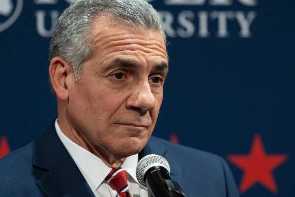 Jack Ciattarelli, in a blue suit and red striped tie, at a primary debate at Rider University in Lawrenceville, N.J., in February.