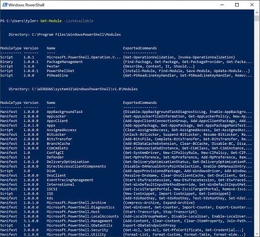 Listing all available modules with Get-Module -ListAvailable