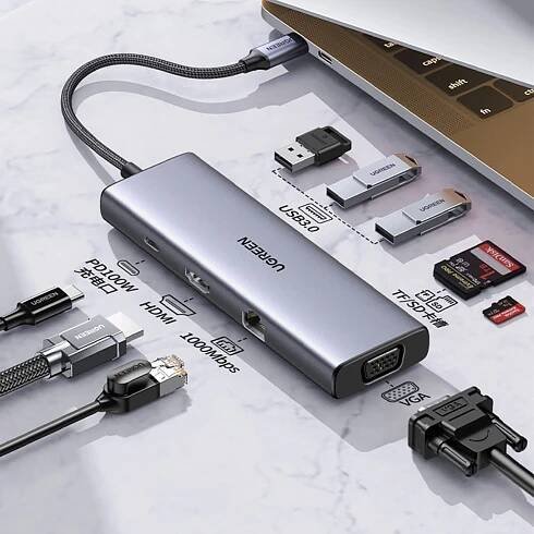 Adaptér Ugreen CM498 15600 USB-C - 3x USB-A 3.0 / HDMI / VGA / RJ45 / čitelný Kód výrobce 15600