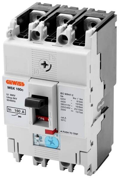 msx 160c – kompaktní výkonové jističe – nastavitelná tepelná a pevná magnetická spoušť – 25 ka 3p 125 a 525 v