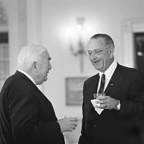 Prime Minister of Australia Robert Menzies and President Johnson, standing with drinks in the Oval Office