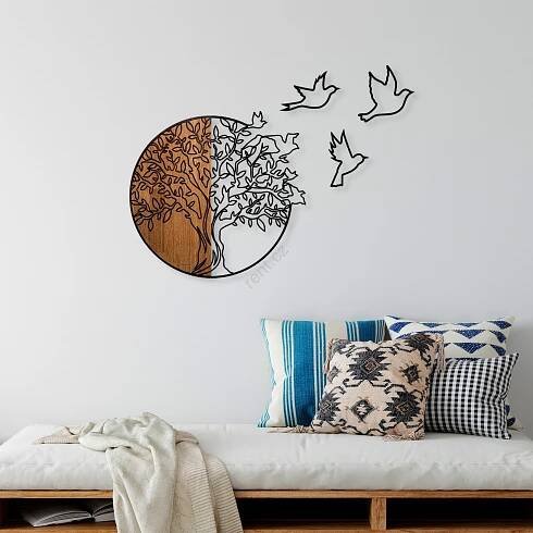 Nástěnná dekorace 60x56 cm strom a ptáci dřevo/kov