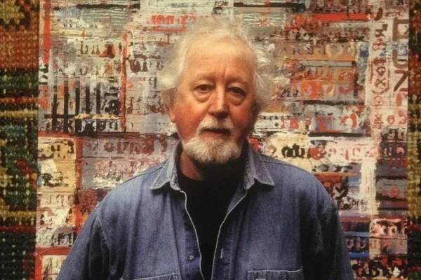 John Uzzell Edwards in front of one of his later pieces, which were inspired by patchwork quilts