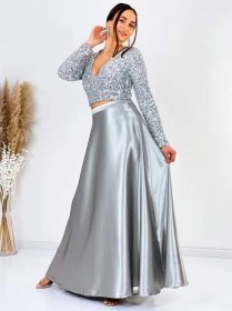 Dámský stříbrný společenský komplet saténová sukně + flitrovaný top