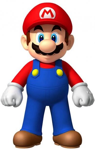 the mario bros character is wearing blue overalls and a red hat