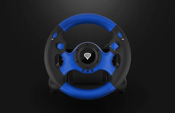 Black and blue gaming steering wheel compatible with PC, PS3, PS4, Xbox One, Xbox 360, and Nintendo Switch