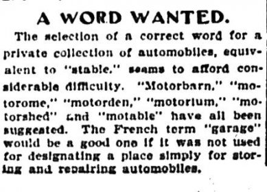 Novinový výstřižek z roku 1901 pojednávající o tom, jak by se mělo nazývat soukromé místo pro skladování aut.