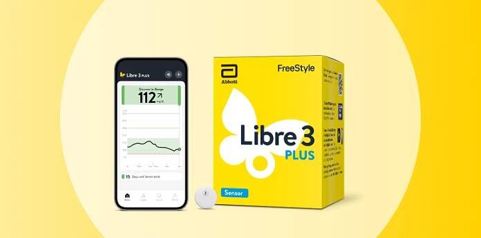 FreeStyle Libre 3 Plus sensor, product packaging, and Libre app screen