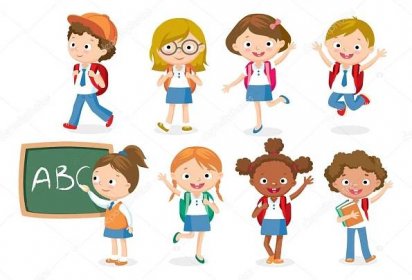 Stáhnout - Děti chodit do školy, zpět do školy, roztomilé kreslené děti, šťastné děti, vektorové ilustrace. — Ilustrace