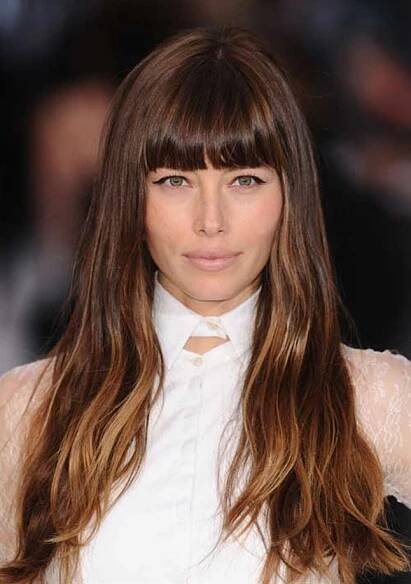 Long Hair Trends with Bangs jessica Biel  Actress Jessica Biel is seen here with a long and well-groomed hair and a straight bangs that just exactly covers the eyebrows.