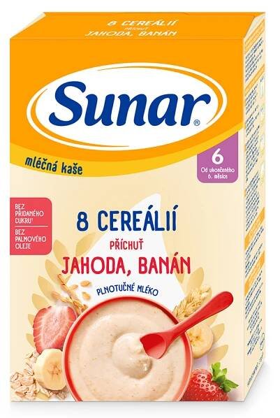 Sunar mléčná kaše 8 cereálií s příchutí jahody a banánu 210 g