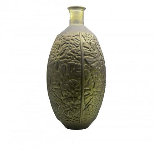 Kulatá váza s úzkým hrdlem, sklo, dekor monstera, průměr 29cm, výška 59cm, zelená