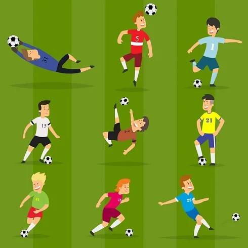 Sada barevných fotbalistů na různých pozicích — Ilustrace